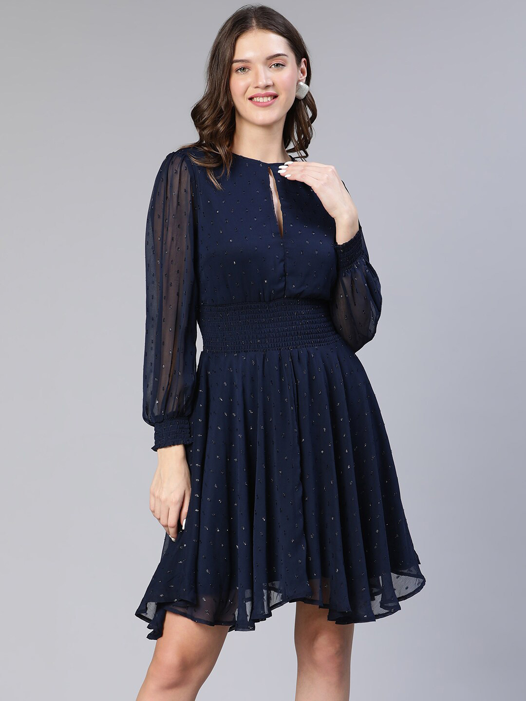 

Oxolloxo Keyhole Neck Smocked Dress, Navy blue