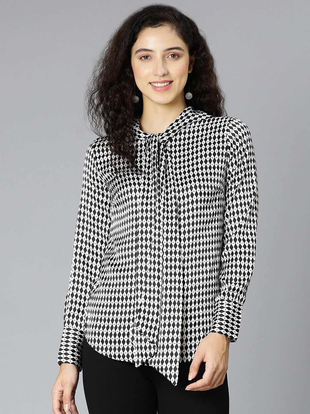 

Oxolloxo Women Check Satin Print Tie-Knot Long Sleeve Top, Black