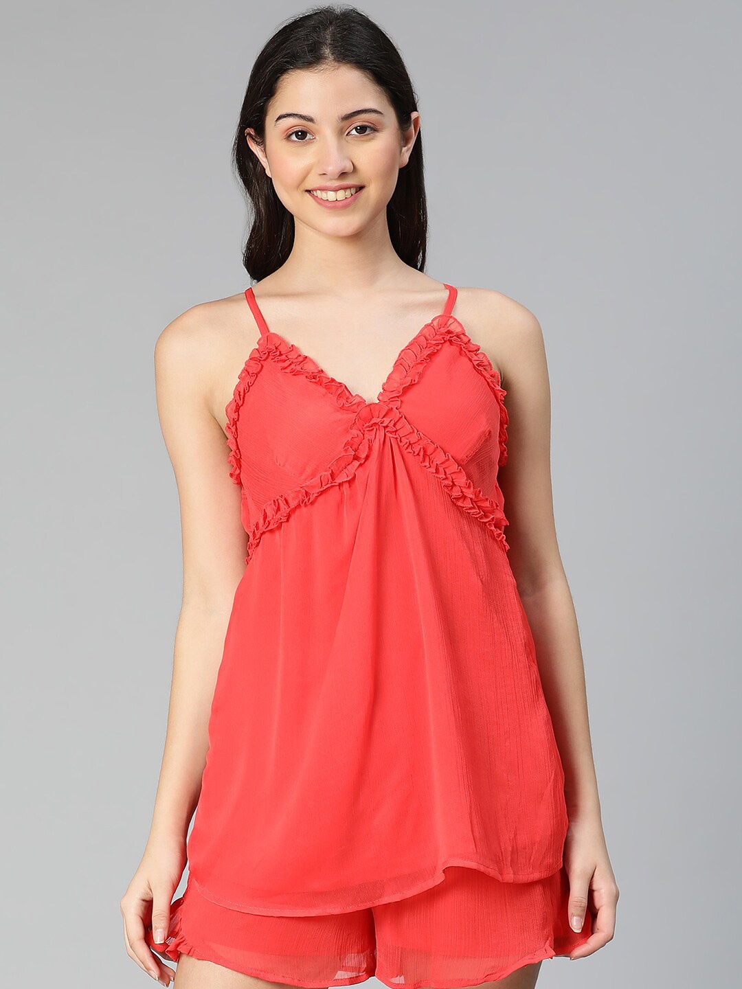 

Oxolloxo Sleeveless Ruffled Longline Lounge Top, Coral