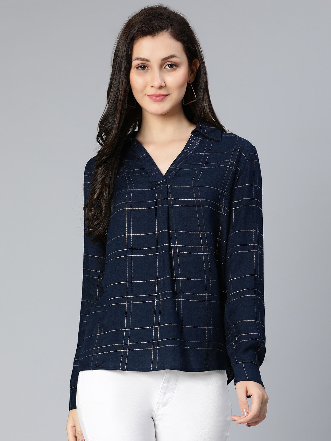 

Oxolloxo Women Check Lurex V-neck Viscose Shirt Top, Blue