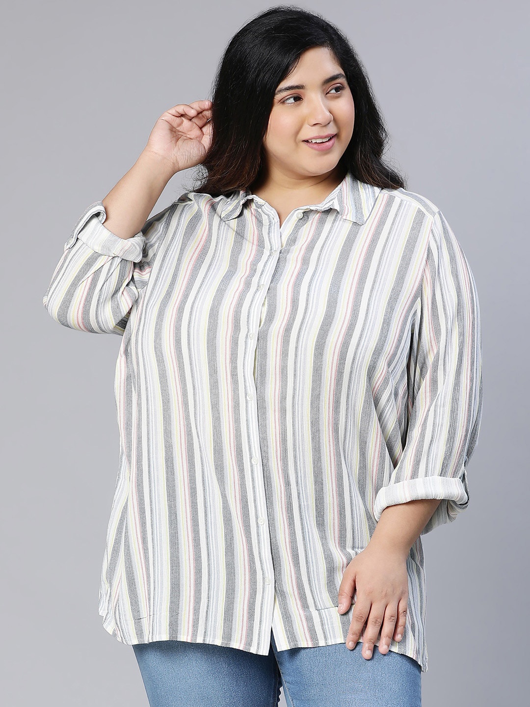 

Oxolloxo Women Plus Stripes Print Boxy Viscose Shirt, White