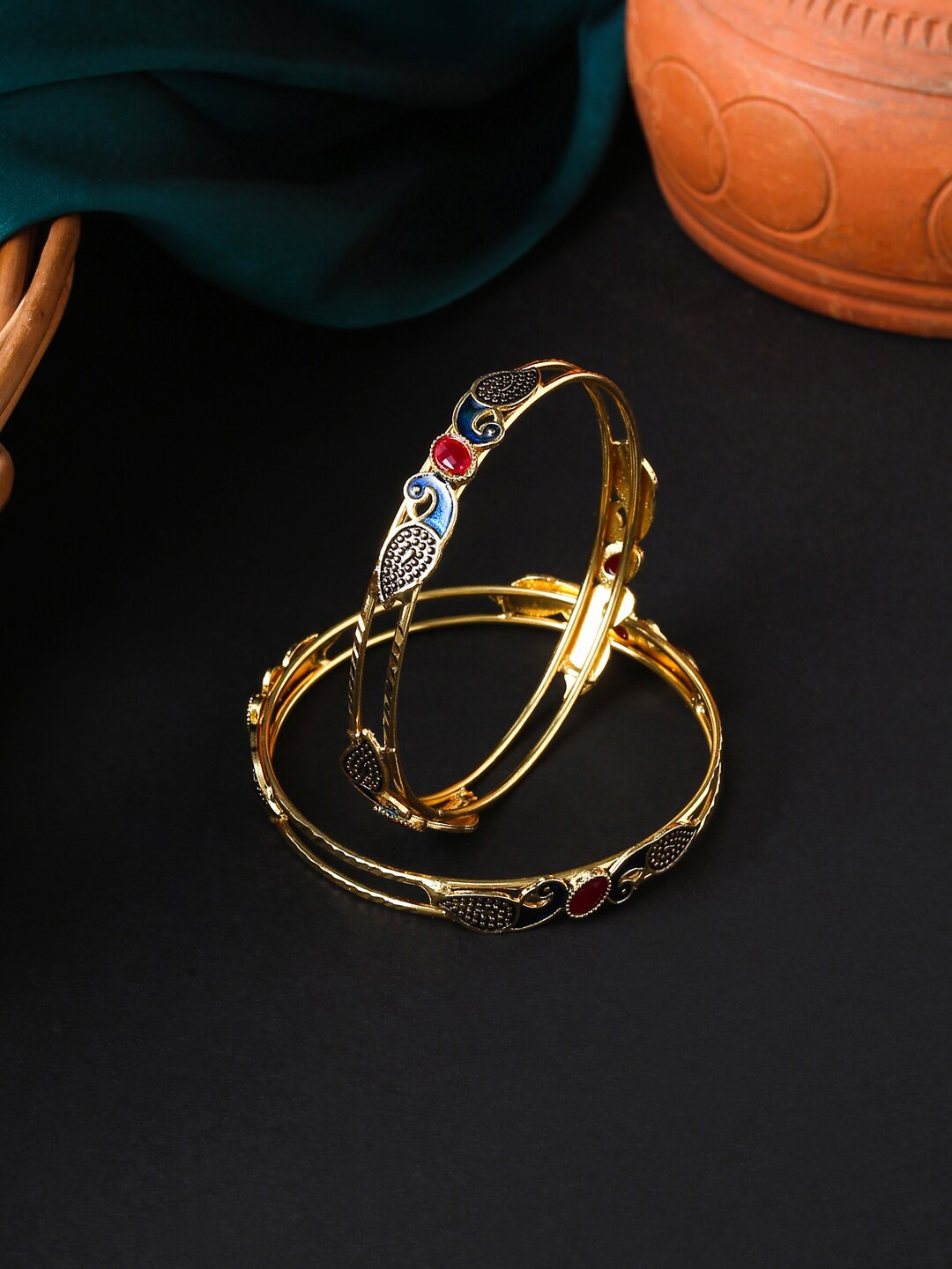 

VIRAASI Set Of 2 Gold-Plated Stone-Studded Meenakari Bangles