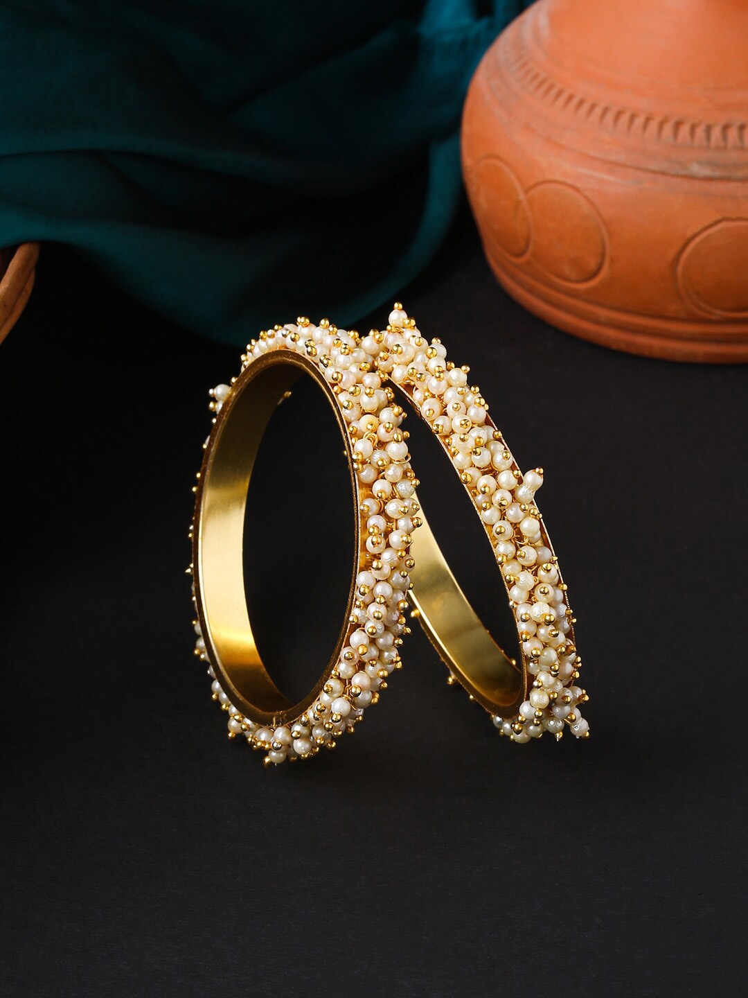 

VIRAASI Set of 2 Gold-Plated Stone-Studded & Pearl Beaded Bangles