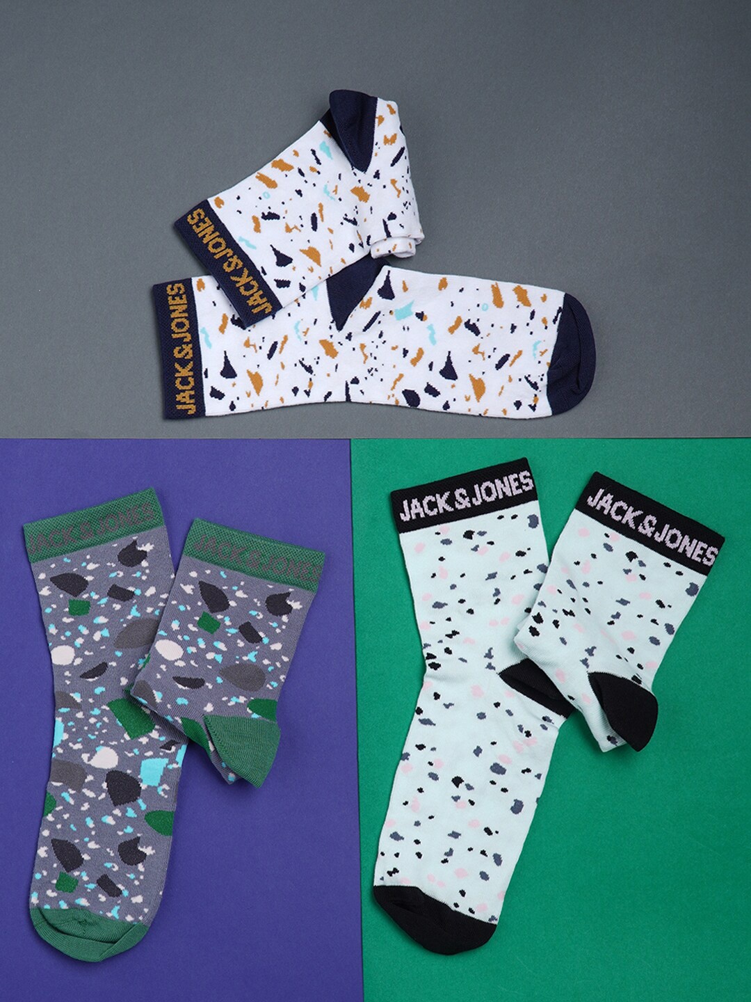 

Jack & Jones Men Pack Of 3 Patterned Cotton Calf-Length Socks, White