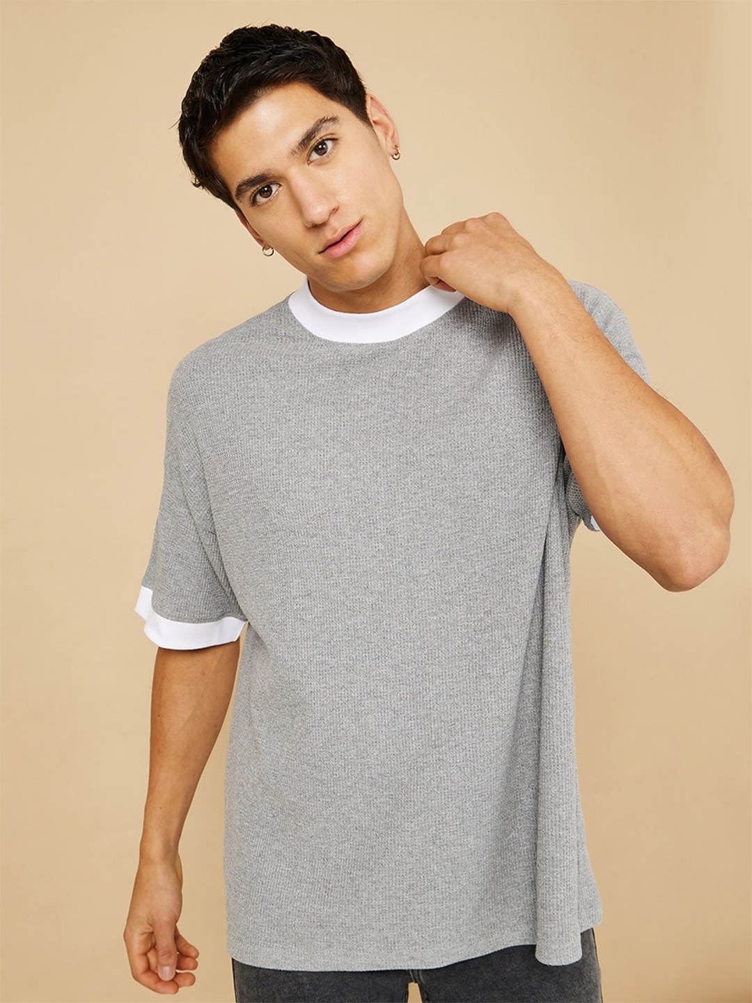 

Styli Pure Cotton Wide Ribbed Ringer Waffle Knit Oversized T-shirt, Grey