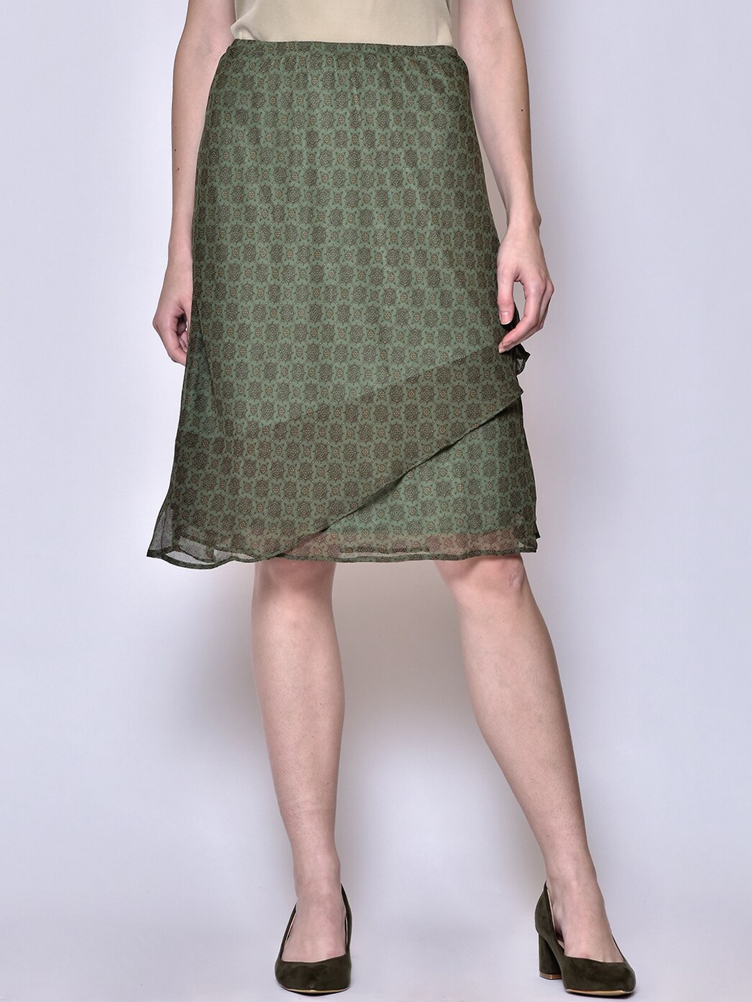 

250 DESIGNS Printed Knee-Length Flared Skirts, Green