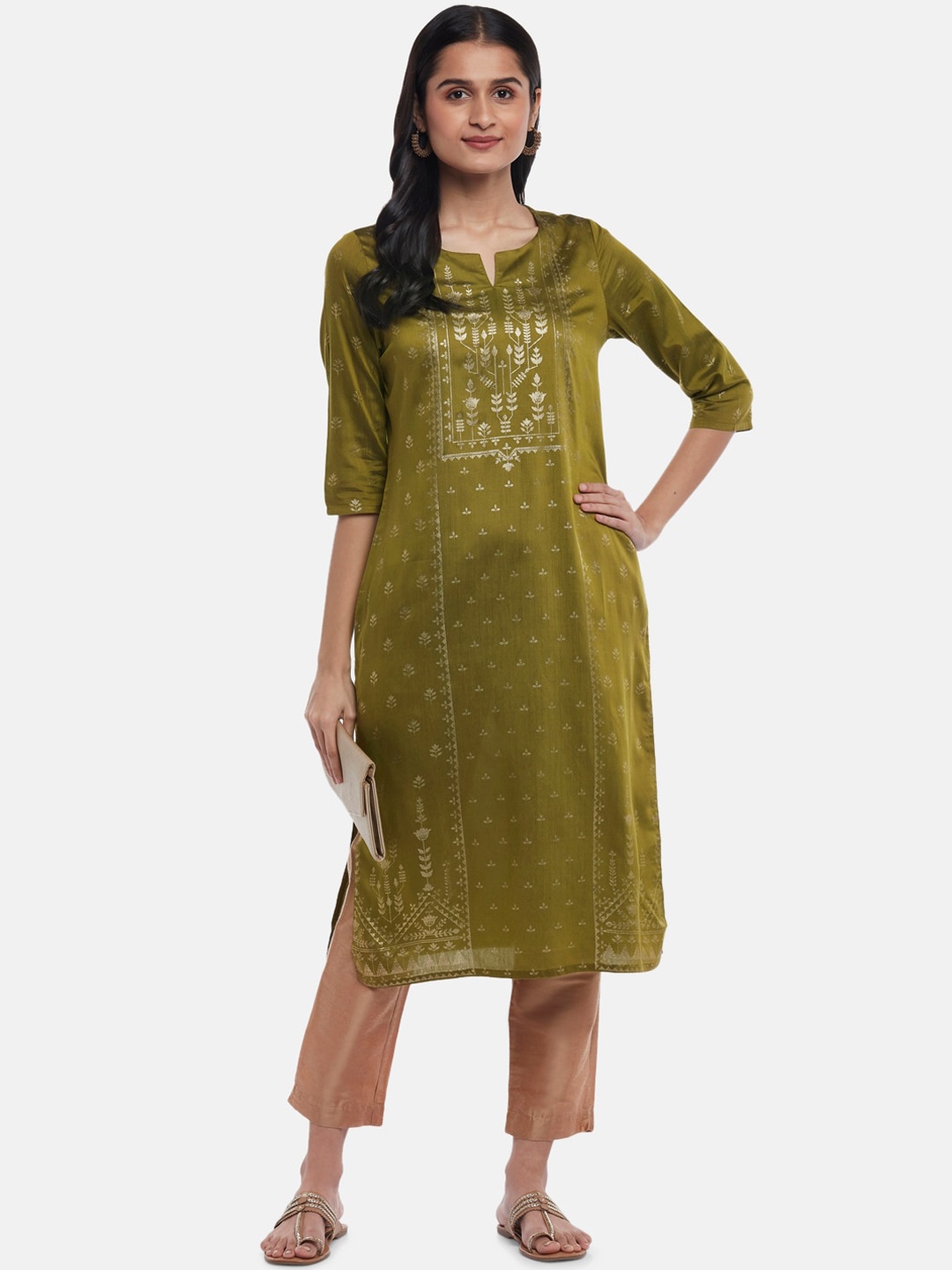 

RANGMANCH BY PANTALOONS Women Ethnic Motifs Printed Notch Neck Kurta, Olive