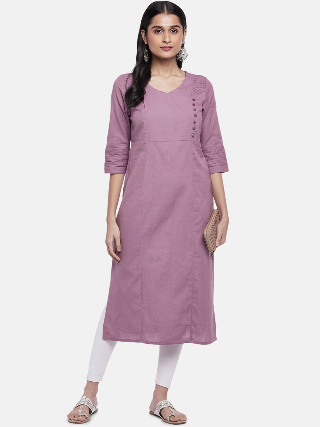 

RANGMANCH BY PANTALOONS Women Panelled V-Neck Straight Kurta, Mauve