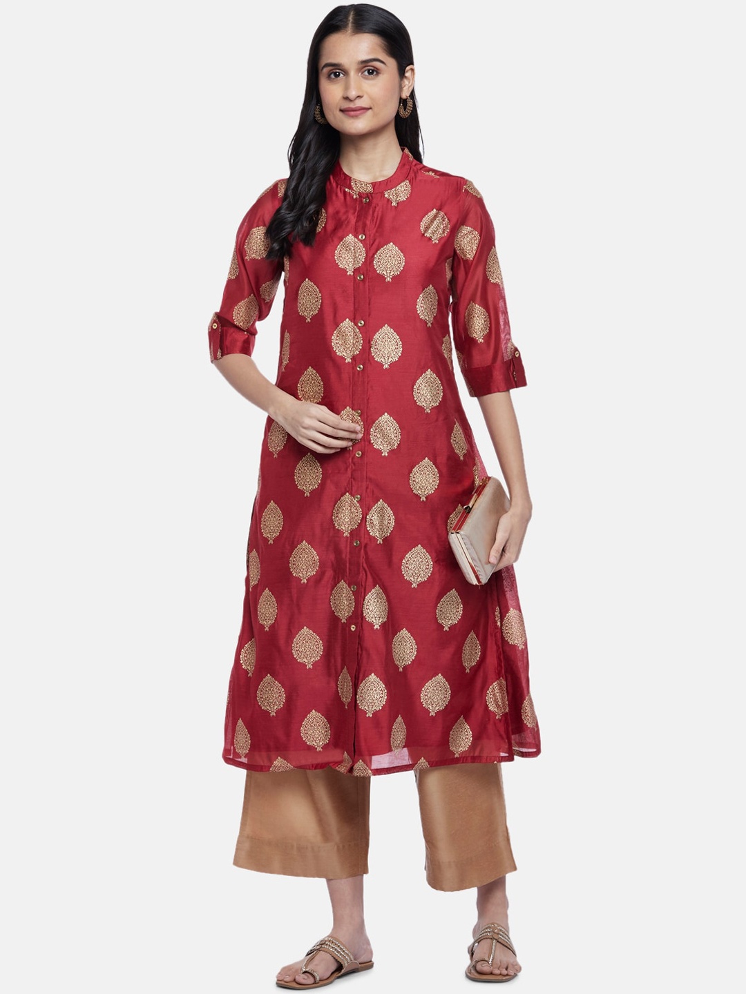 

RANGMANCH BY PANTALOONS Women Ethnic Motifs Printed Chanderi Silk Kurta, Maroon