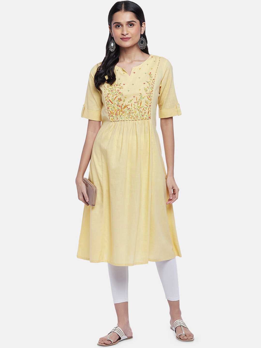 

RANGMANCH BY PANTALOONS Women Floral Embroidered Notch Neck Anarkali Cotton Kurta, Yellow