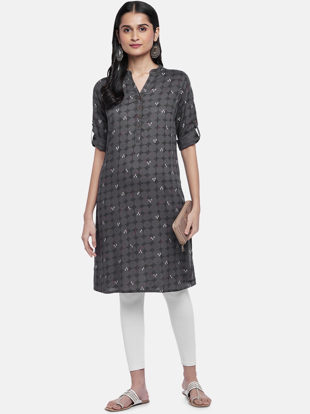 

RANGMANCH BY PANTALOONS Women Geometric Printed Mandarin Collar Kurta, Grey