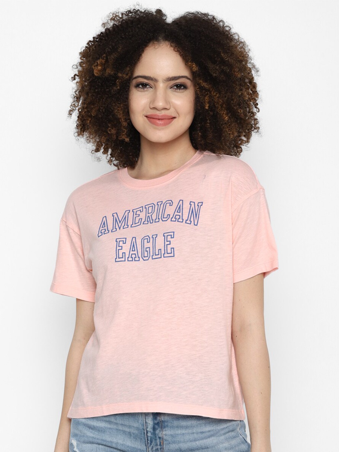 

AMERICAN EAGLE OUTFITTERS Women Typography Printed Applique T-shirt, Pink
