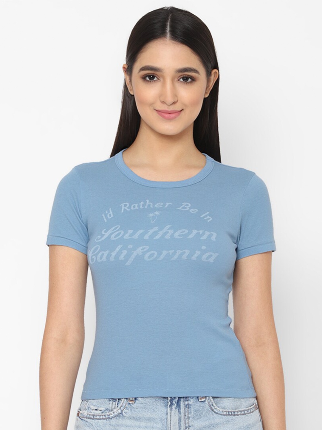

AMERICAN EAGLE OUTFITTERS Women Printed Slim Fit Cotton T-shirt, Blue