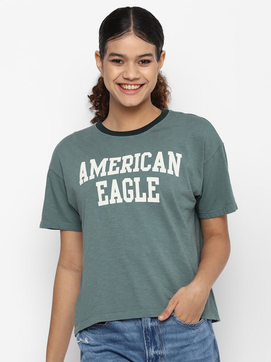 

AMERICAN EAGLE OUTFITTERS Women Typography Printed Cotton T-shirt, Green