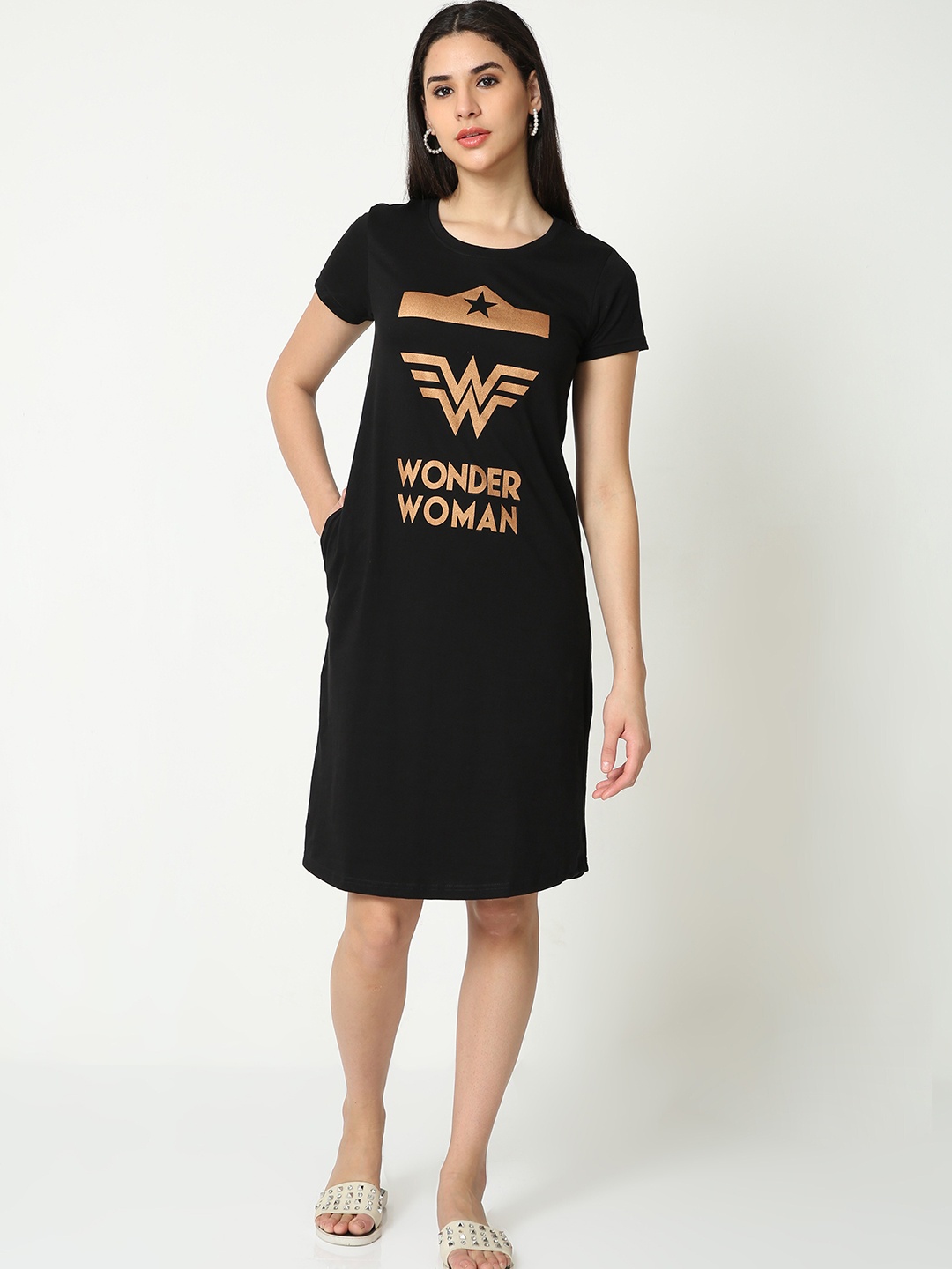 

9shines Label Printed Pure Cotton Nightdress, Black