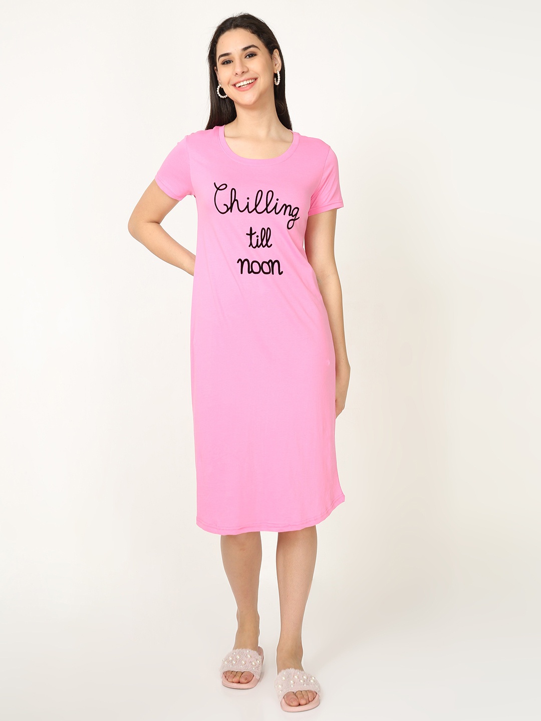 

9shines Label Printed Pure Cotton Nightdress, Pink