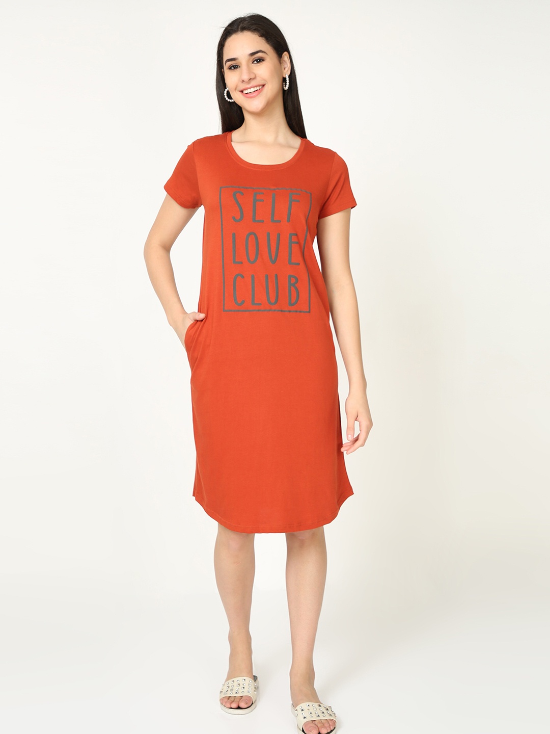 

9shines Label Printed Pure Cotton Nightdress, Orange