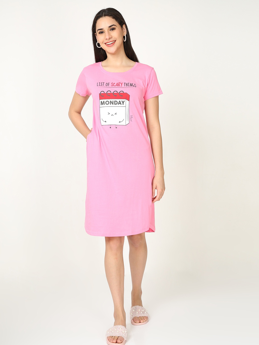 

9shines Label Printed Pure Cotton Nightdress, Pink