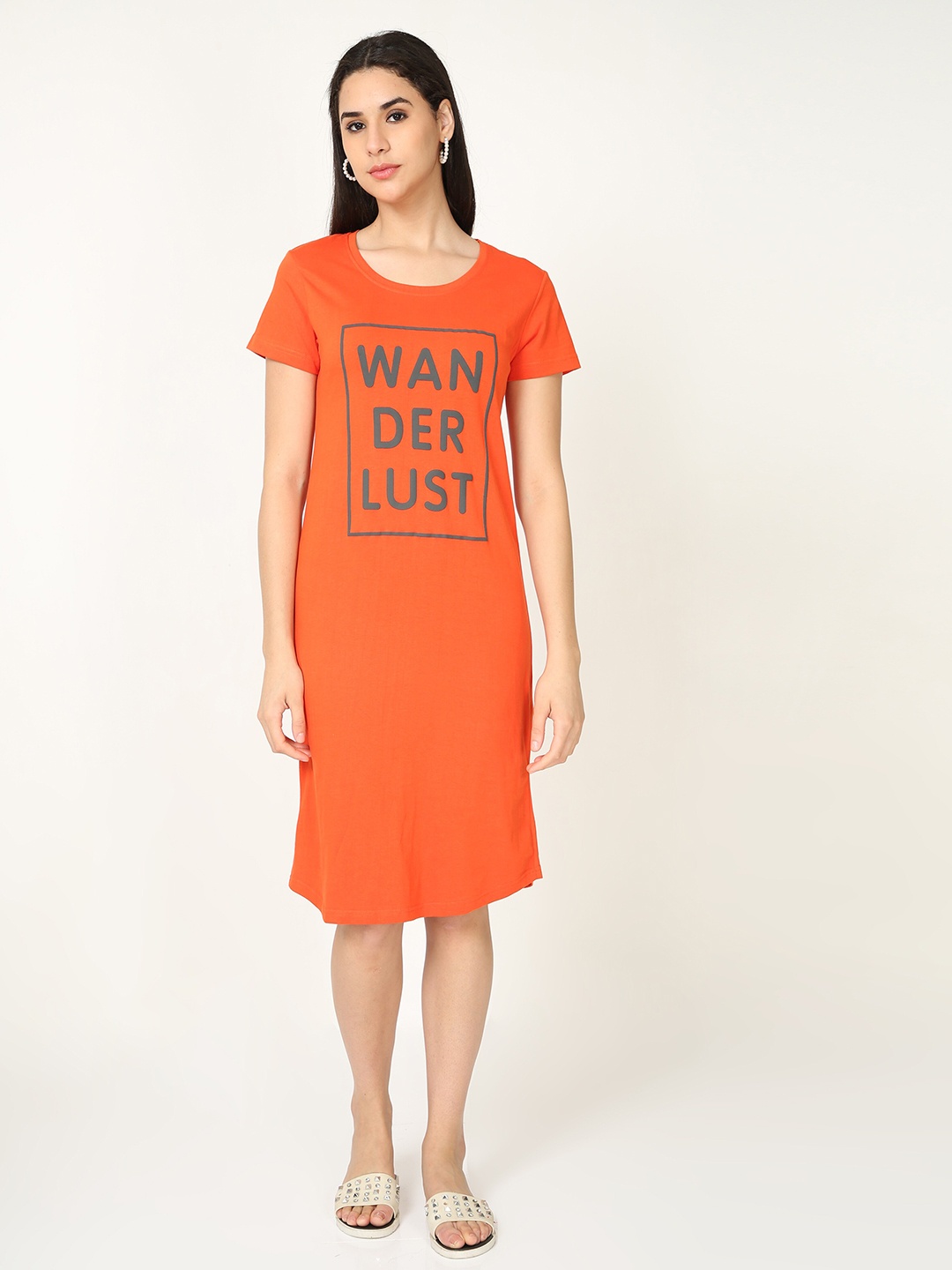 

9shines Label Printed Pure Cotton Nightdress, Orange
