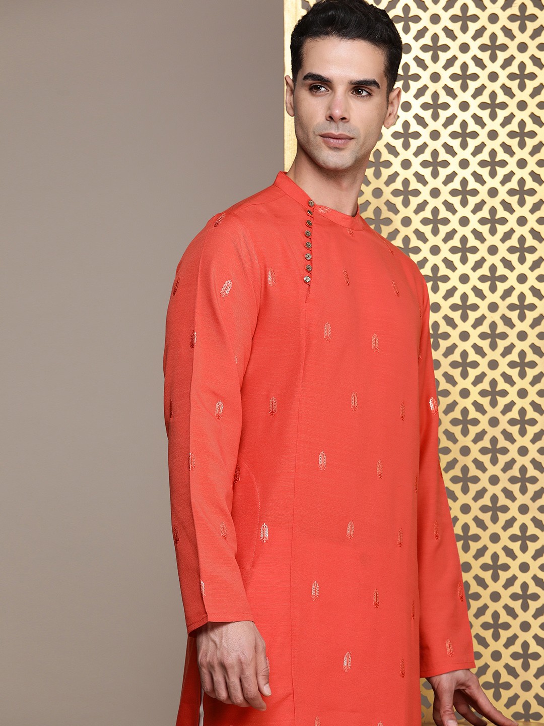 

House of Pataudi Ethnic Motifs Embroidered Rozana Sequinned Angrakha Kurta, Orange