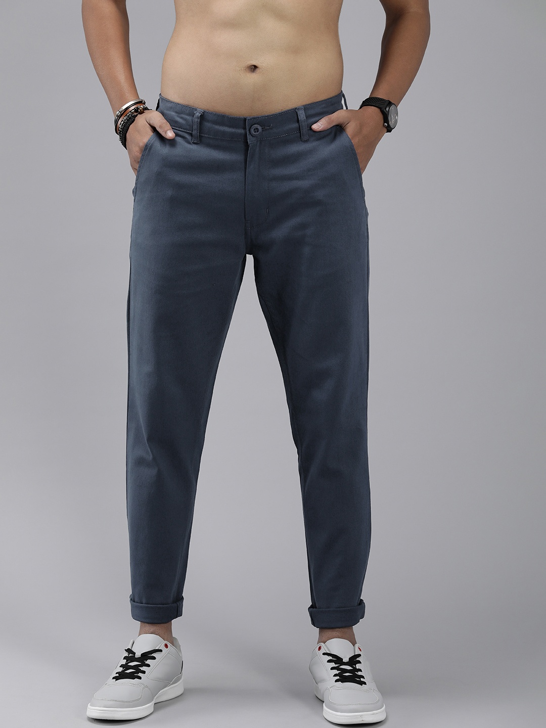 

The Roadster Lifestyle Co. Men Low-Rise Flat Front Regular Trousers, Blue