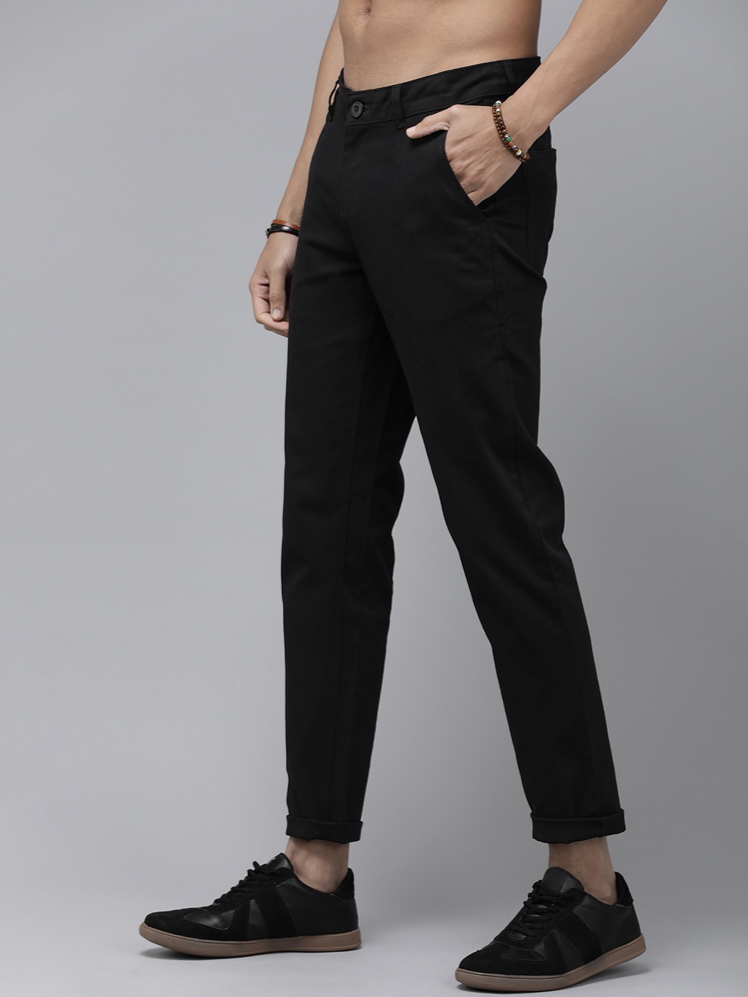 

The Roadster Life Co. Mid-Rise Plain Button Closure Trousers, Black