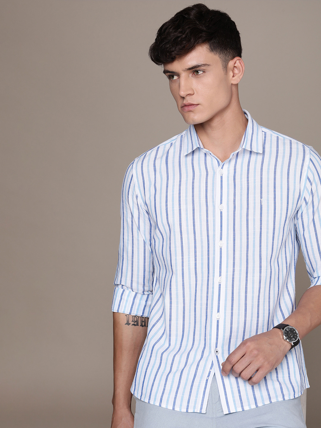 

French Connection Slim Fit Striped Pure Cotton Casual Shirt, Blue