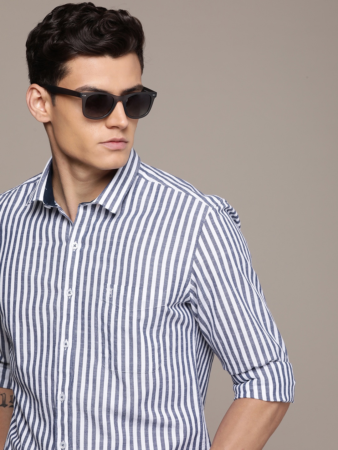

French Connection Slim Fit Striped Pure Cotton Casual Shirt, Navy blue