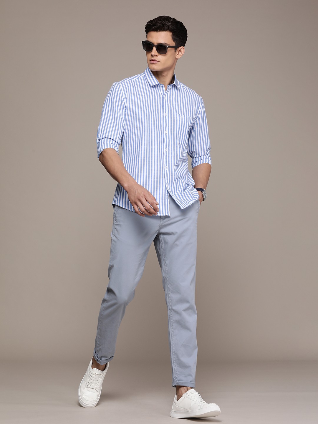 

French Connection Slim Fit Striped Pure Cotton Casual Shirt, Blue