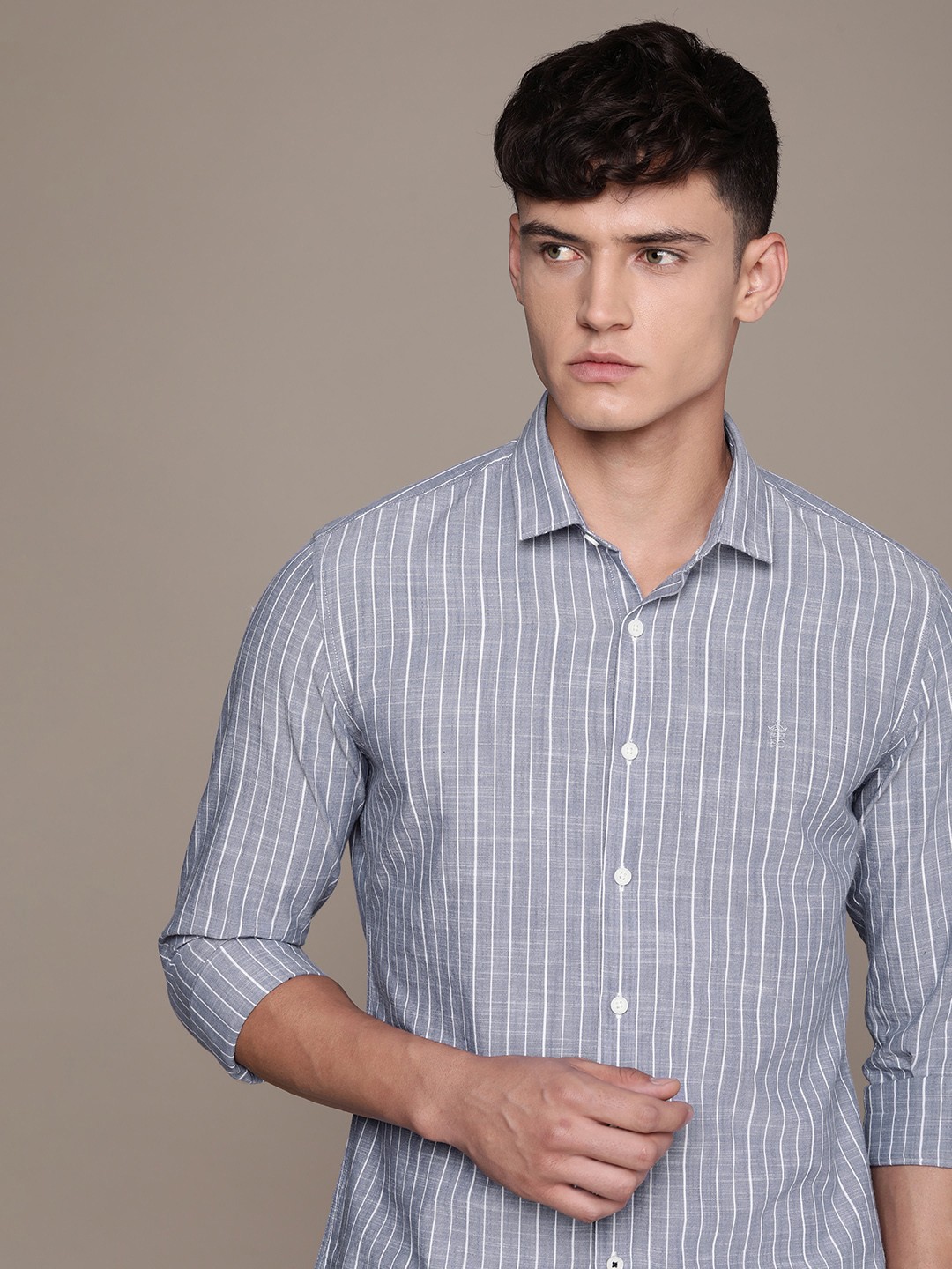 

French Connection Slim Fit Striped Pure Cotton Casual Shirt, Blue