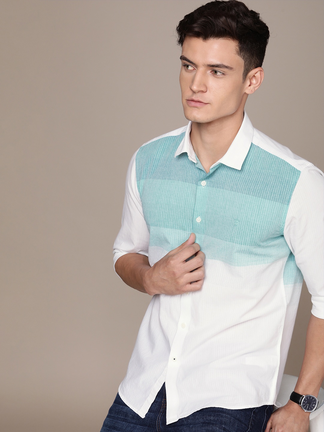 

French Connection Slim Fit Colourblocked And Striped Pure Cotton Casual Shirt, White