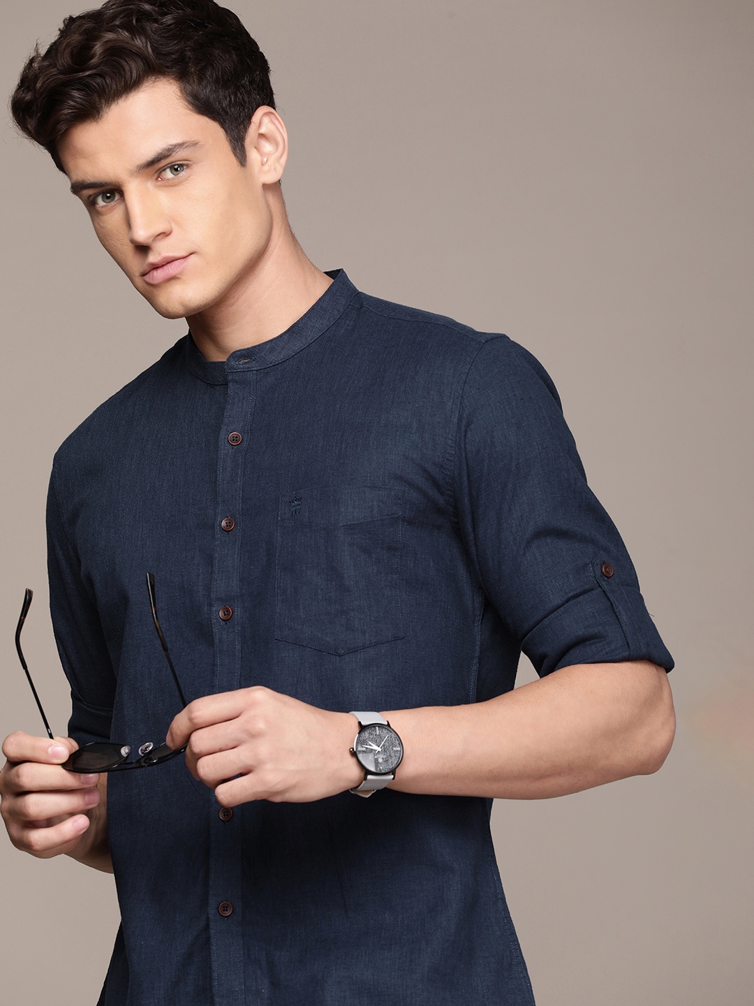 

French Connection Band Collar Slim Fit Casual Shirt, Navy blue