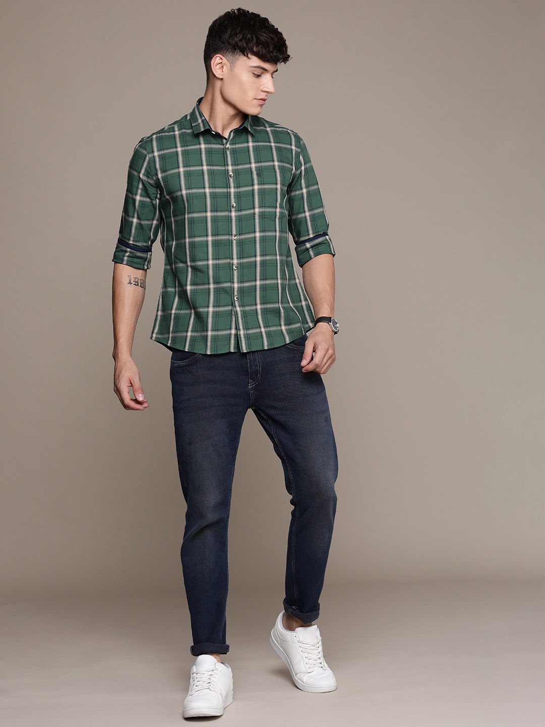 

French Connection Slim Fit Tartan Checked Pure Cotton Casual Shirt, Green
