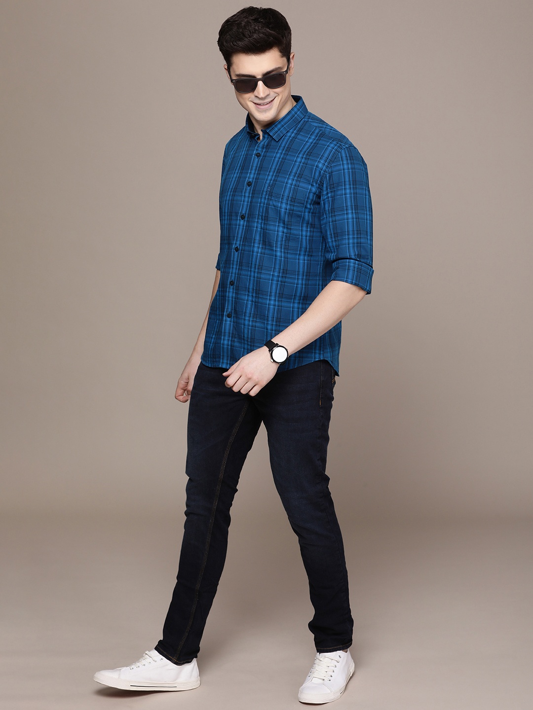 

French Connection Slim Fit Checked Pure Cotton Casual Shirt, Blue