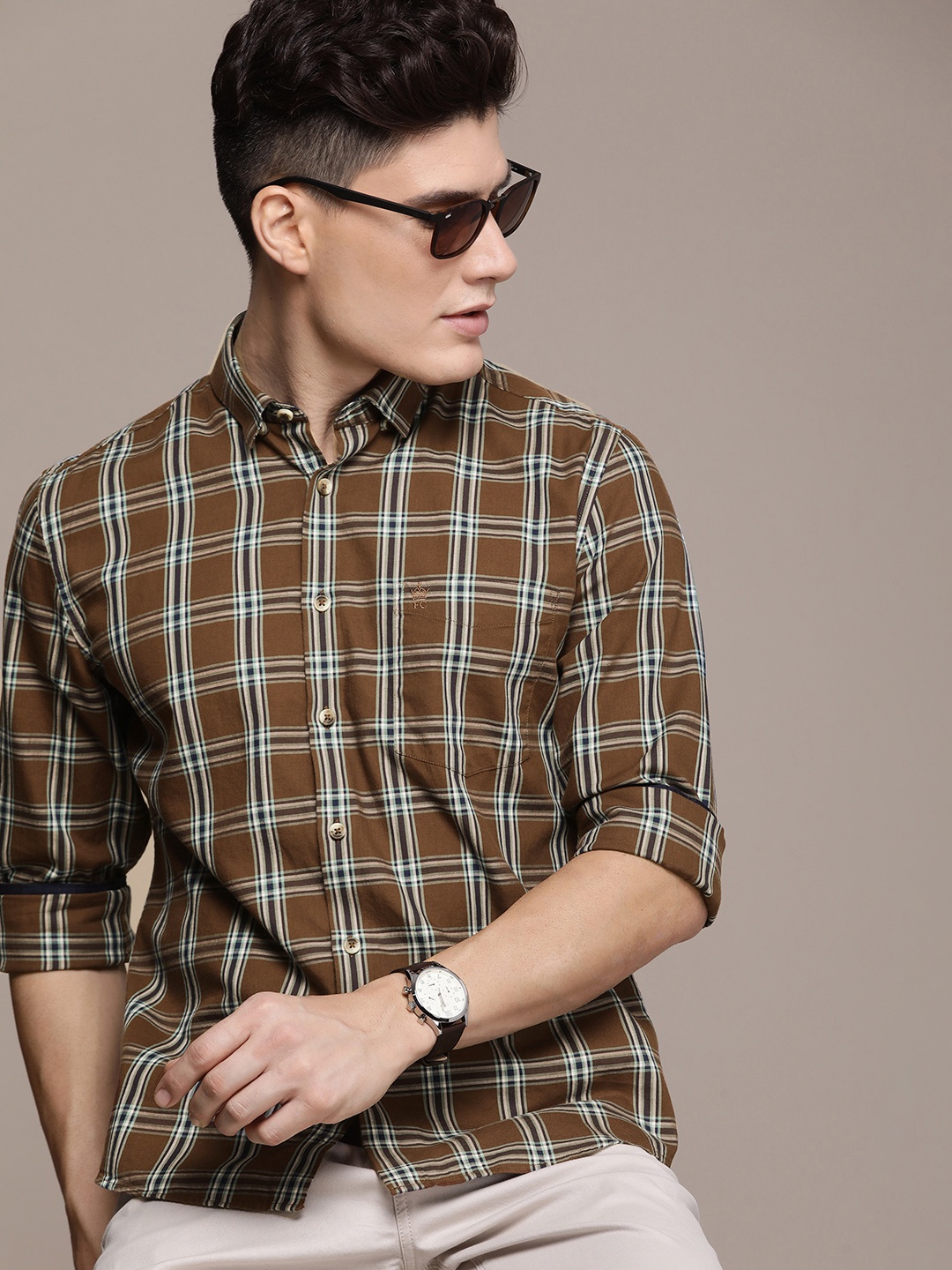 

French Connection Slim Fit Checked Pure Cotton Casual Shirt, Brown