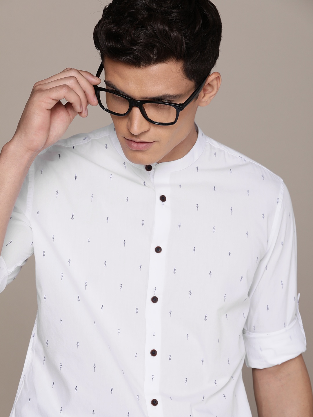 

French Connection Band Collar Slim Fit Conversational Printed Pure Cotton Casual Shirt, White