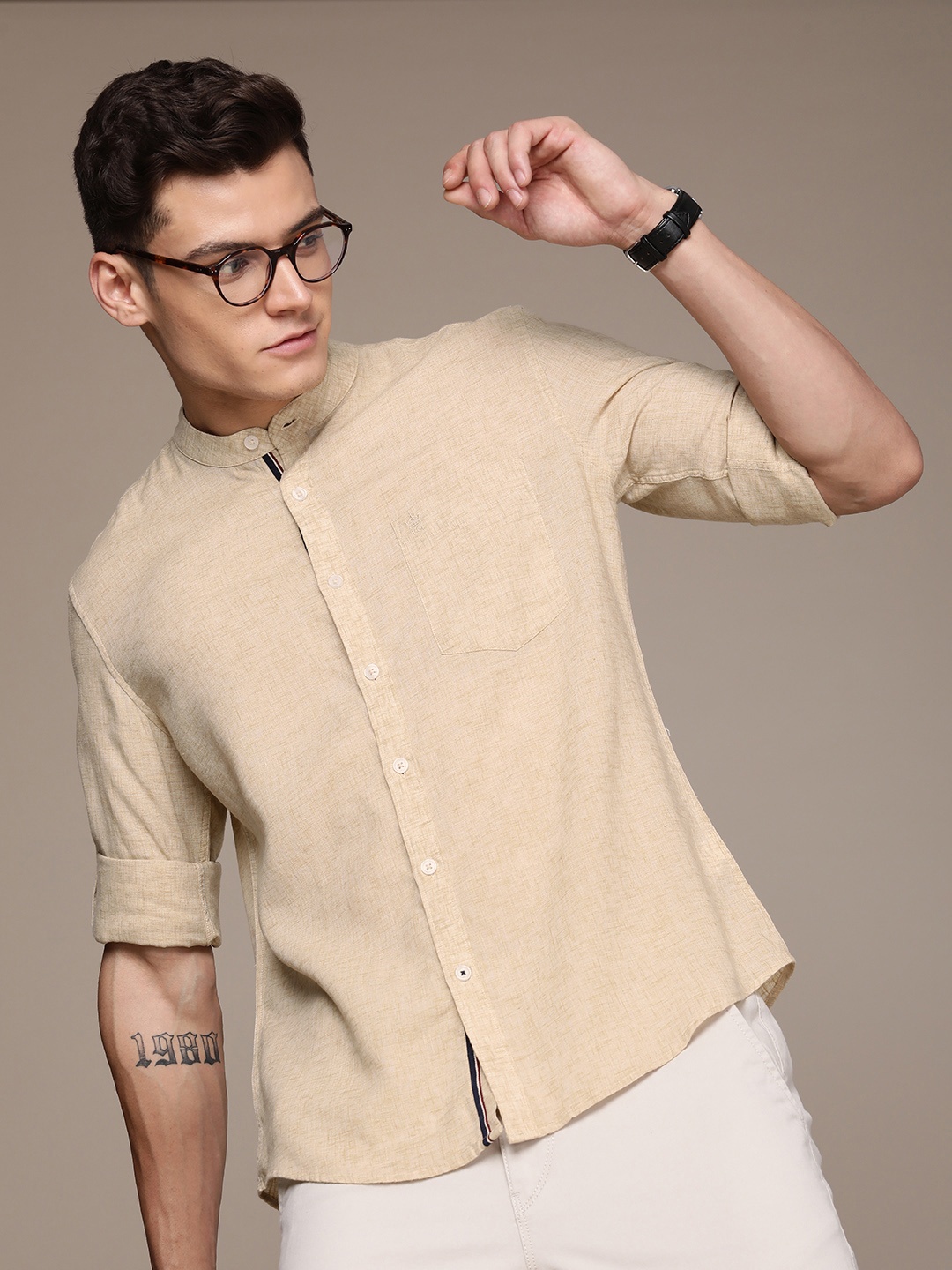 

French Connection Band Collar Roll-Up Sleeves Slim Fit Casual Shirt, Khaki