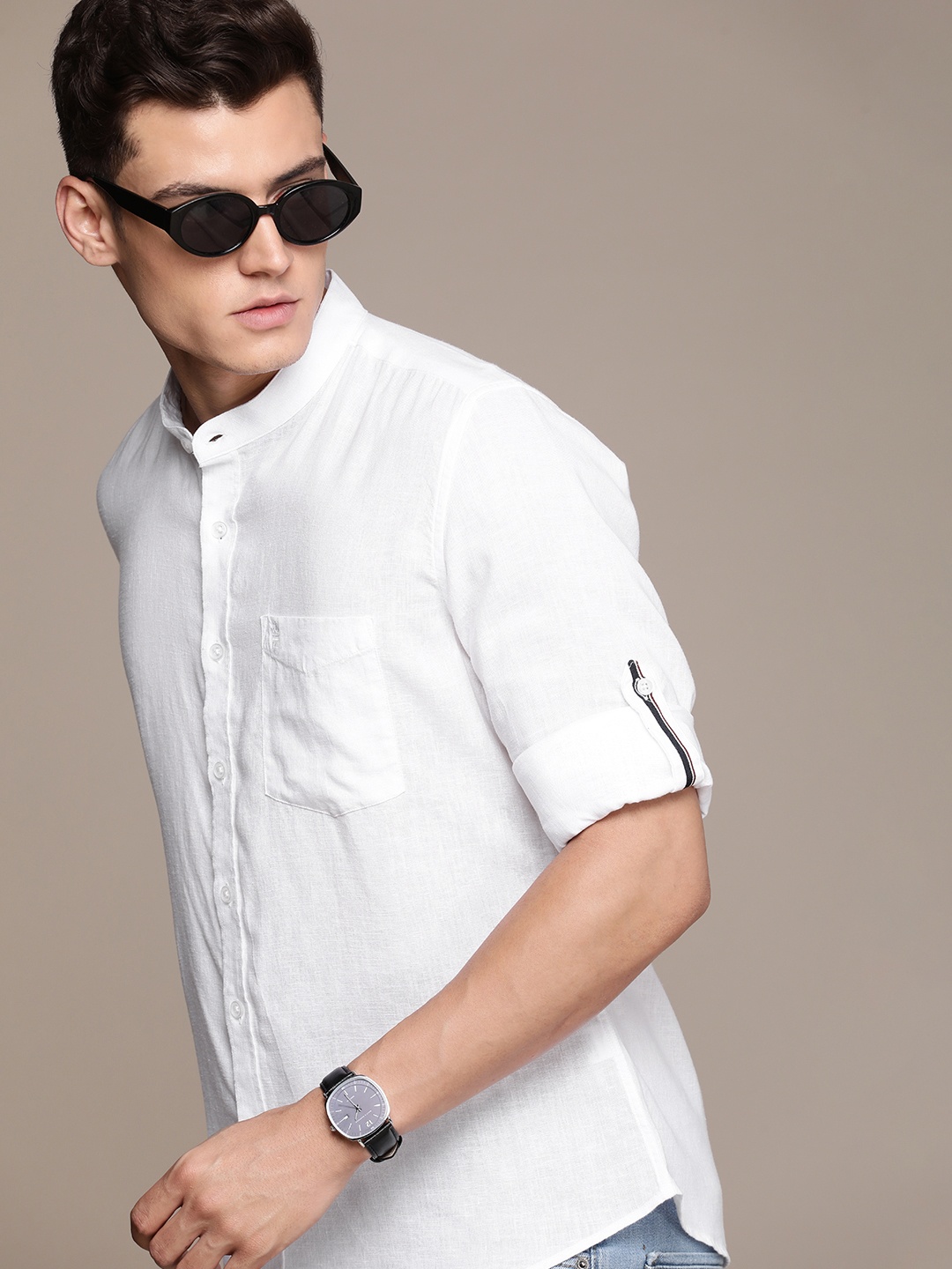 

French Connection Band Collar Roll-Up Sleeves Slim Fit Casual Shirt, White