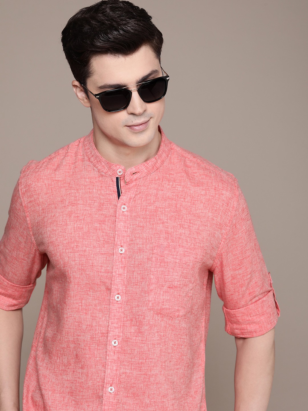 

French Connection Self Design Slim Fit Band-Collar Casual Shirt, Pink
