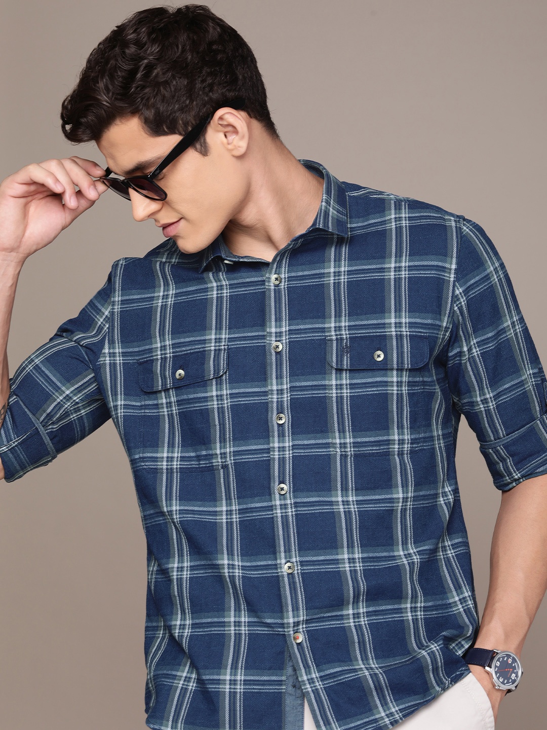 

French Connection Spread Collar Checked Slim Fit Pure Cotton Casual Shirt, Blue