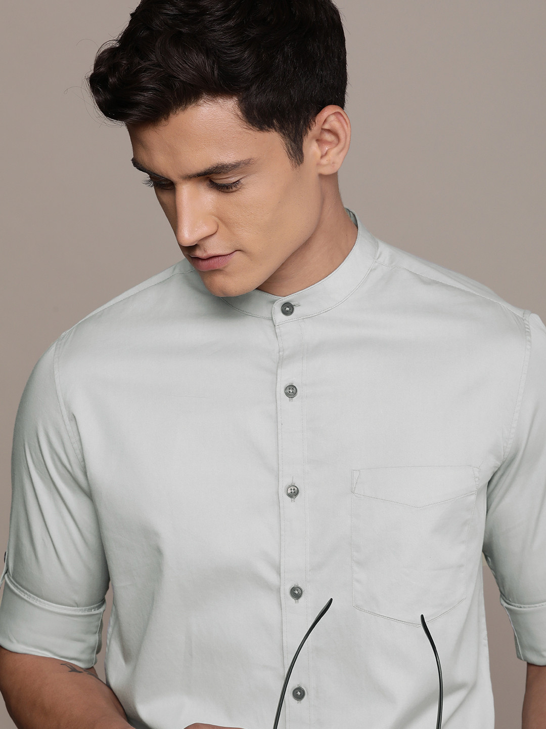 

French Connection Band Collar Slim Fit Pure Cotton Casual Shirt, Grey