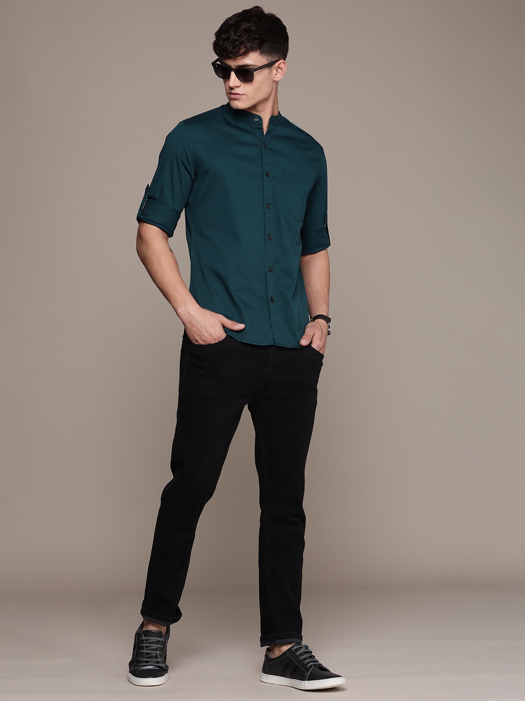 

French Connection Men Slim Fit Pure Cotton Casual Shirt, Teal