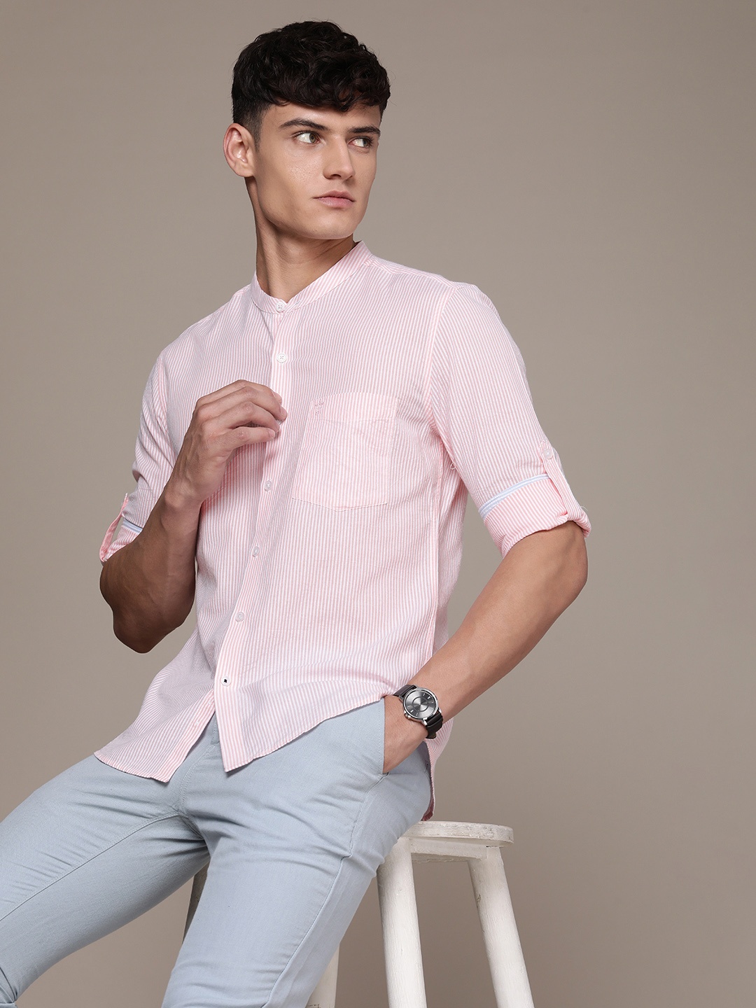 

French Connection Slim Fit Pinstriped Pure Cotton Casual Shirt, Peach