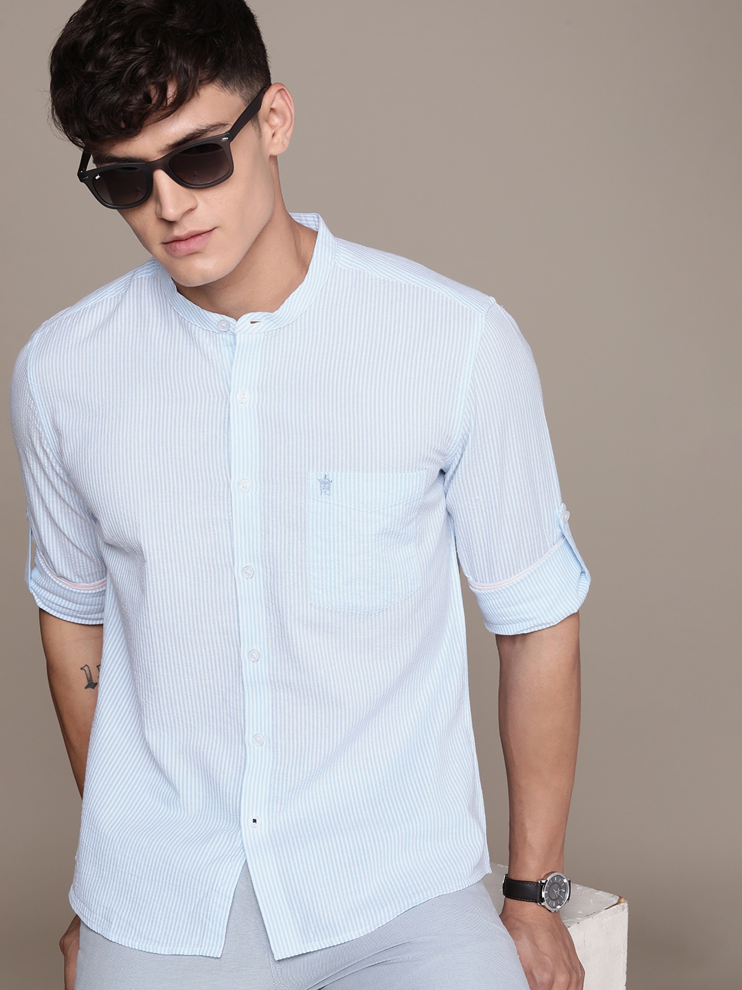 

French Connection Slim Fit Pinstriped Pure Cotton Casual Shirt, Blue