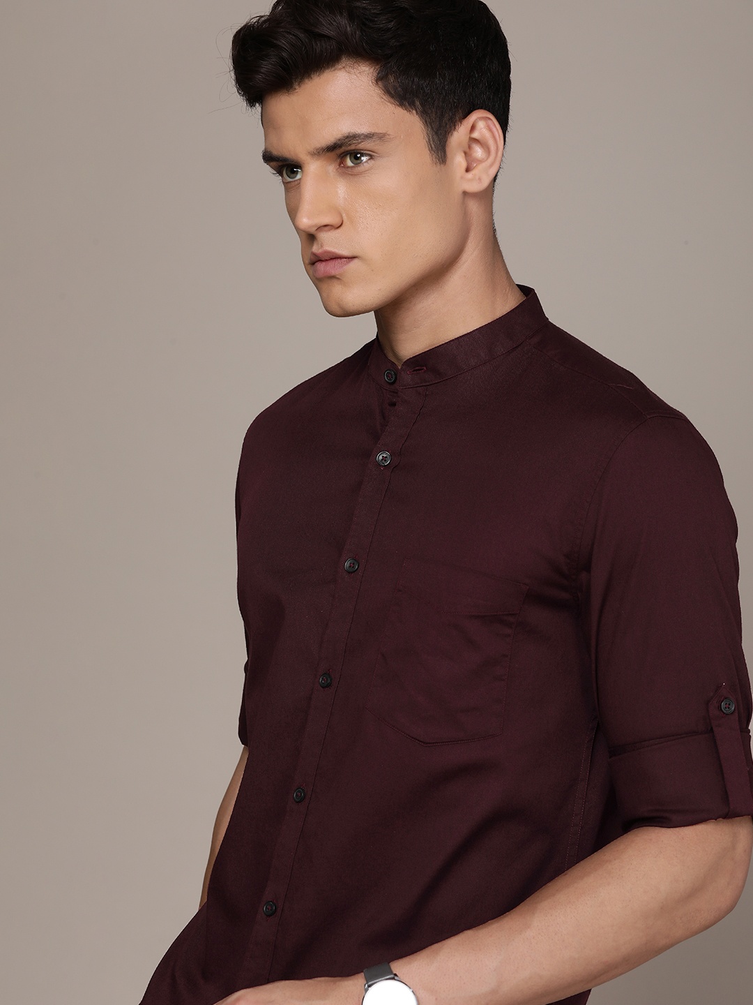 

French Connection Band Collar Slim Fit Pure Cotton Casual Shirt, Burgundy