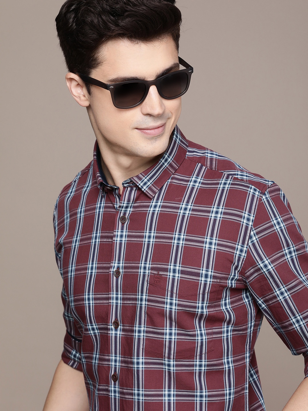 

French Connection Slim Fit Checked Pure Cotton Casual Shirt, Maroon