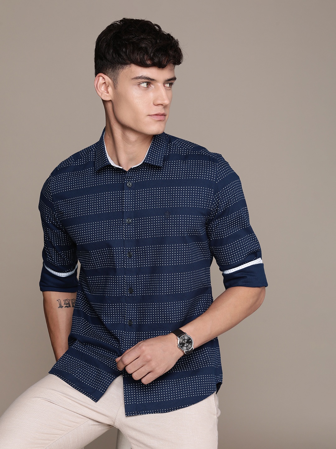 

French Connection Slim Fit Geometric Printed Pure Cotton Casual Shirt, Navy blue