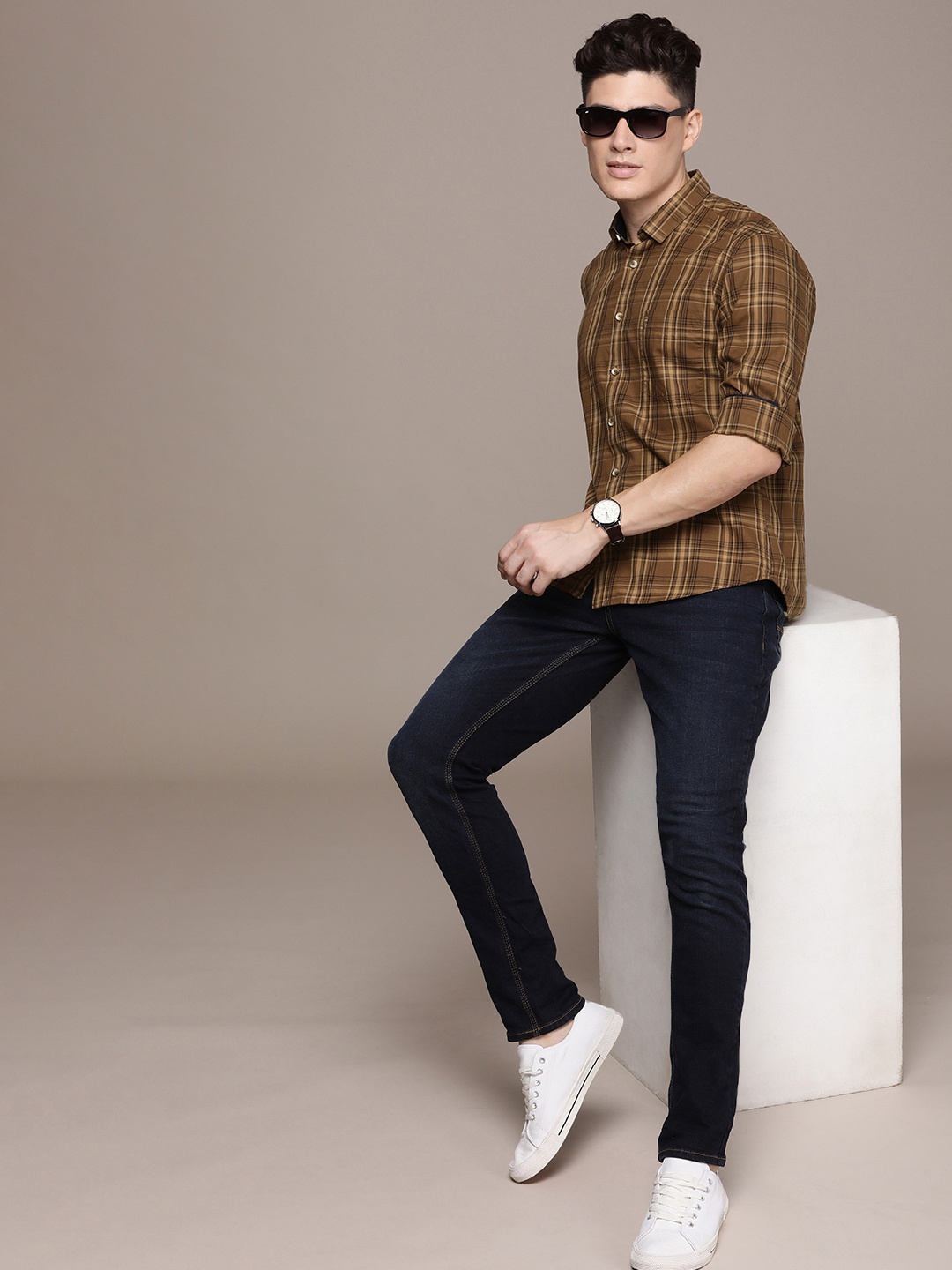 

French Connection Slim Fit Checked Pure Cotton Casual Shirt, Camel brown