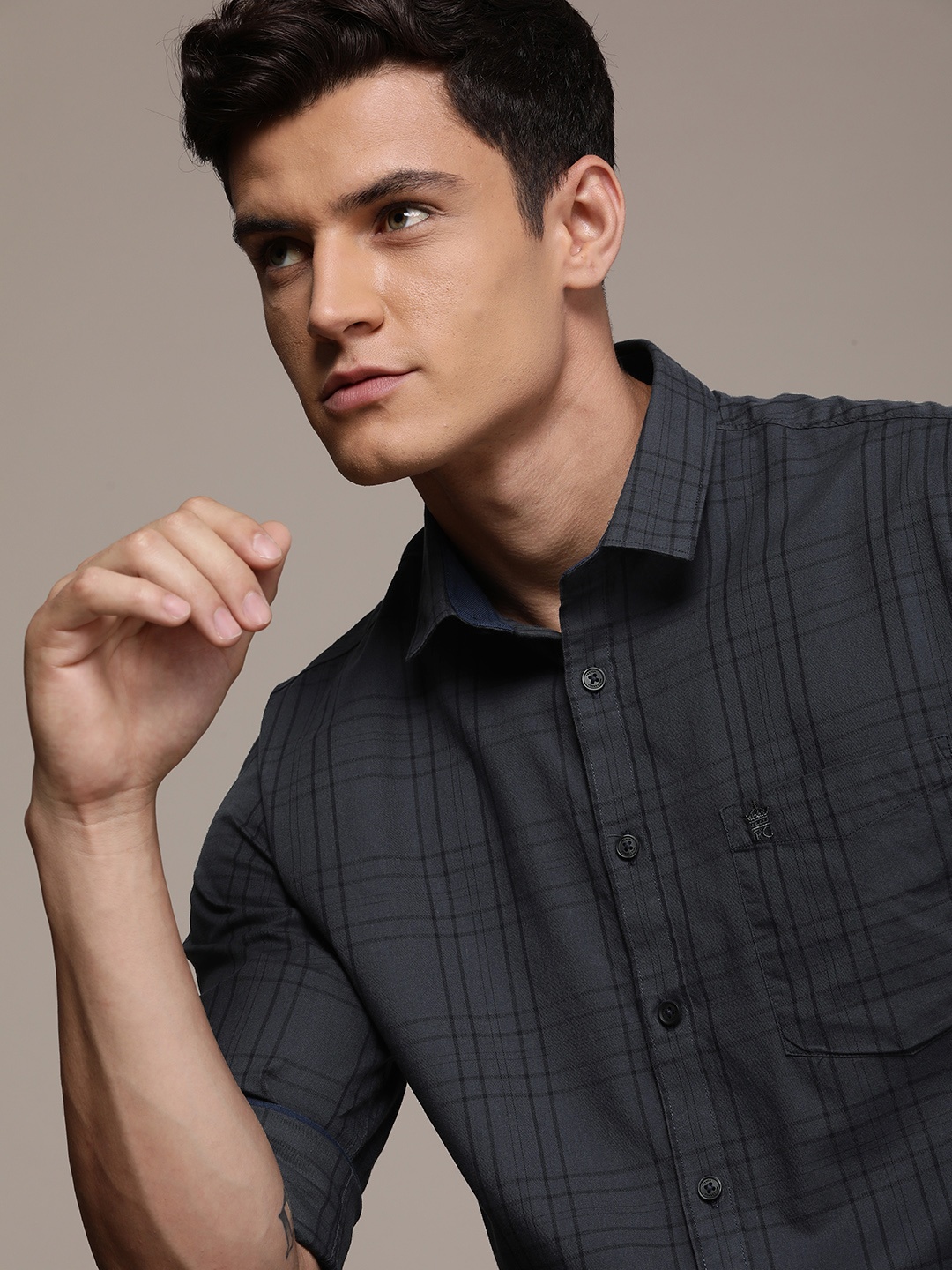 

French Connection Slim Fit Checked Pure Cotton Casual Shirt, Charcoal