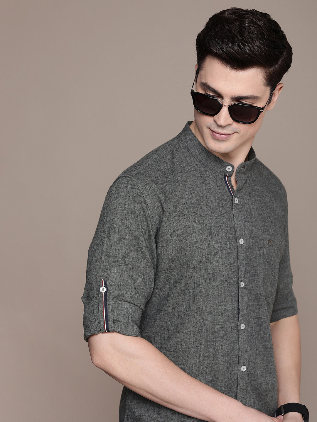 

French Connection Slim Fit Band-Collar Casual Shirt, Grey
